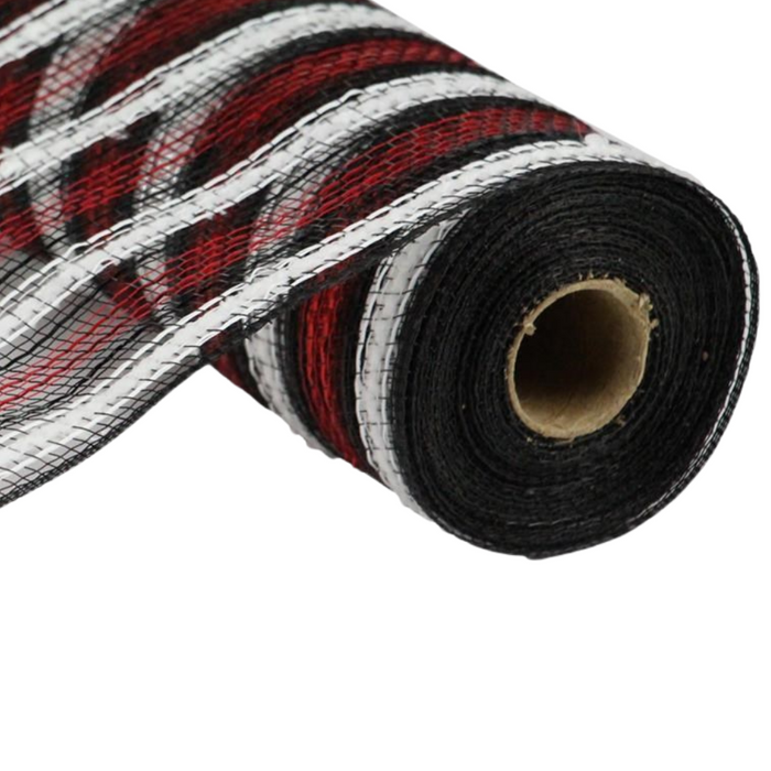 A roll of the 10.5" Red Black Metallic Snowdrift Mesh RY8111N6 fabric, showcasing a partially unrolled grid-like design with an integrated pattern of vibrant red, black, and white colors.