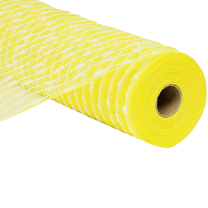 The 10.5 Yellow Cotton Ball Poly Mesh RY820279, featuring white stripes, is tightly wound on a cardboard core. The mesh texture is visible with the roll positioned diagonally and open end facing right.