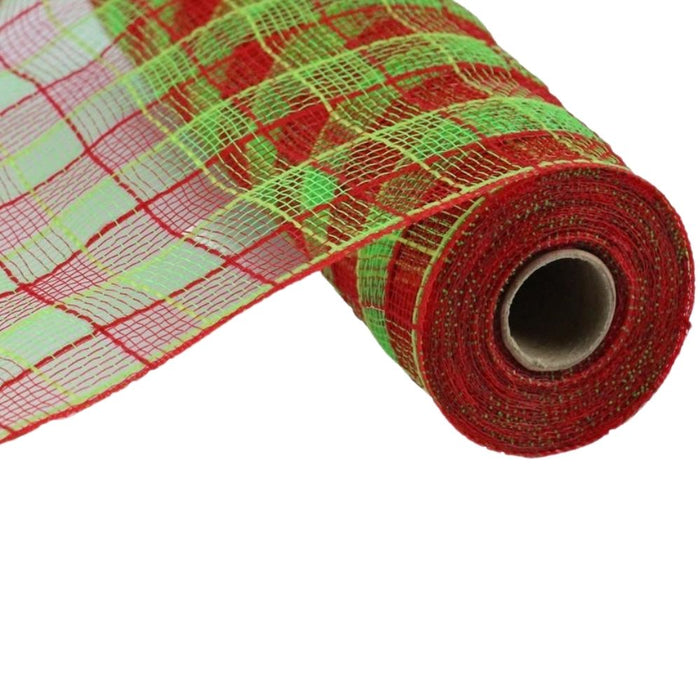 The 10.5 Red Lime Faux Jute Check Mesh RY830434 is a polypropylene decorative mesh roll with a red, green, and gold plaid pattern, partially unrolled to showcase its colorful grid design.