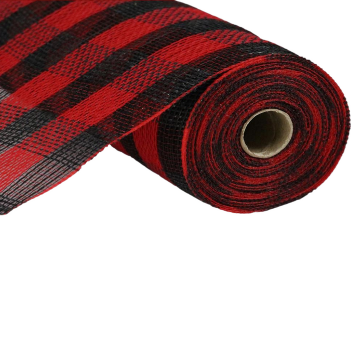 The 10.5 Red Black Faux Jute Cotton Check Mesh features a classic red and black plaid pattern with a visible cardboard core, perfect for stylish clothing and home décor.