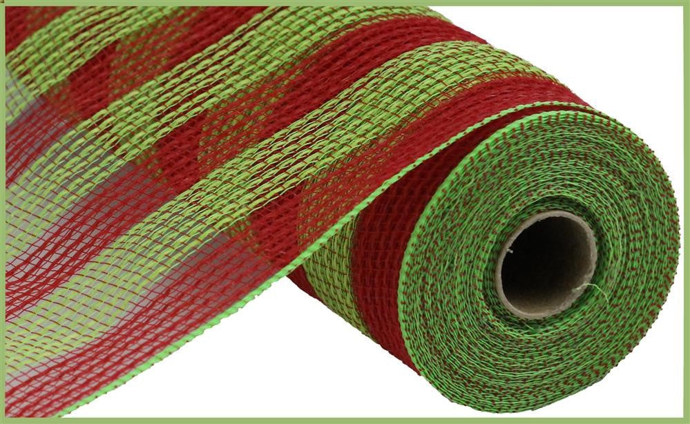 A partially unrolled 10.25x10yd Faux Jute/PP Small Stripe Mesh Ribbon in red and fresh green (RY831955) is shown on a white background with a green border.