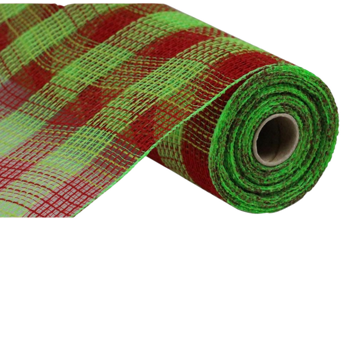 A partly unrolled 10.5 Red Green Faux Jute/PP Small Check Mesh (RY832055) ribbon with a red and green plaid pattern is shown on a white background.