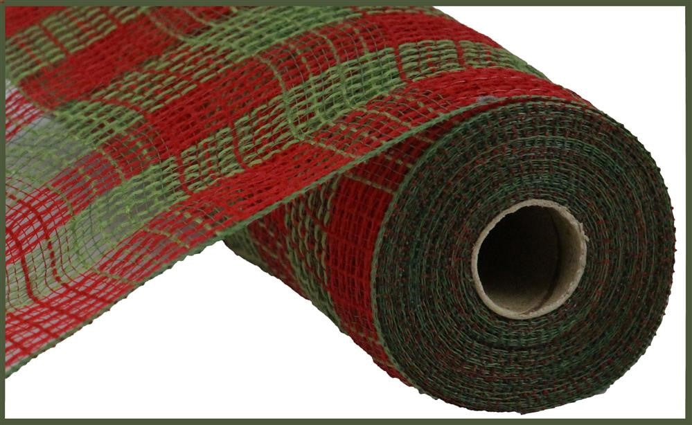 A close-up of the 10.25X10Yd Faux Jute/PP Small Check Red/Moss Green (RY832058) ribbon, partially unrolled to show its red and moss green plaid pattern, grid-like texture, and visible cardboard core.