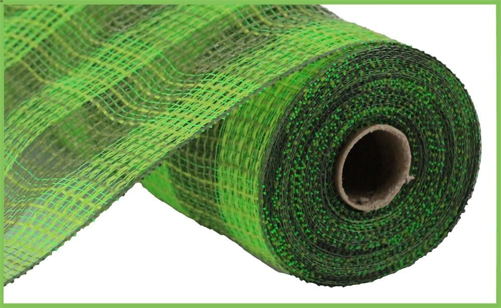 A close-up of the 10.25x10yd Faux Jute/PP Small Check in Fresh Green/Moss (RY8320B5) shows tightly rolled, translucent polypropylene mesh with a small check woven pattern and cardboard core, viewed from an angle.