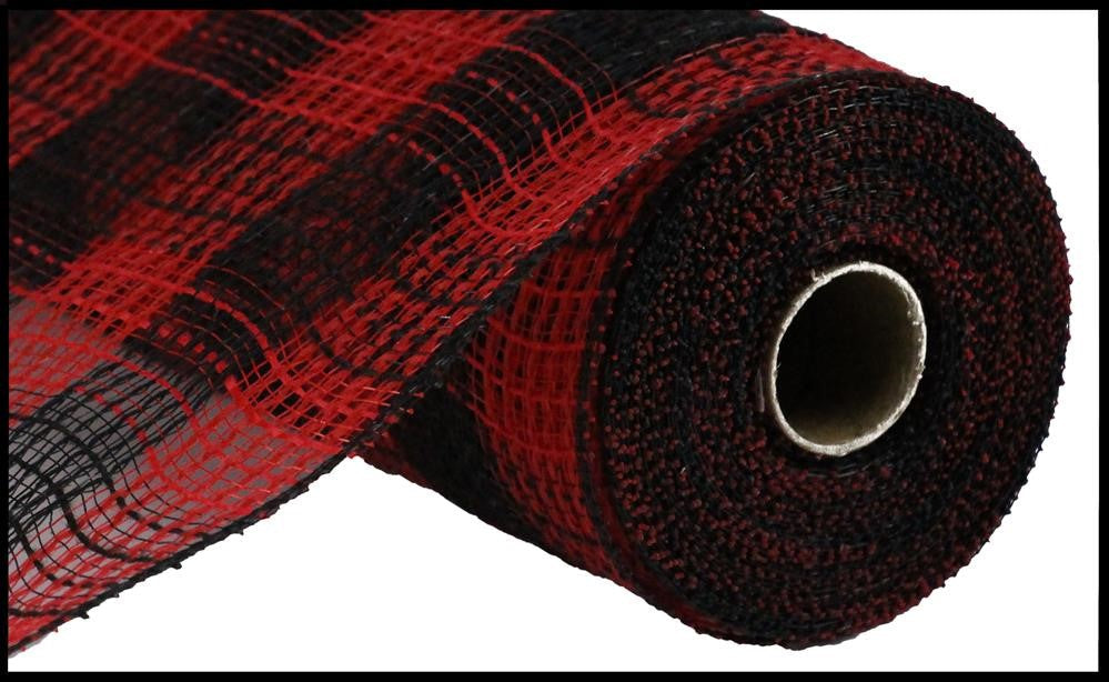 A partially unrolled roll of 10.25X10Yd Faux Jute/PP Small Check Red/Black RY8320E6 fabric showcases its red and black crisscross pattern, highlighting the polypropylene texture.