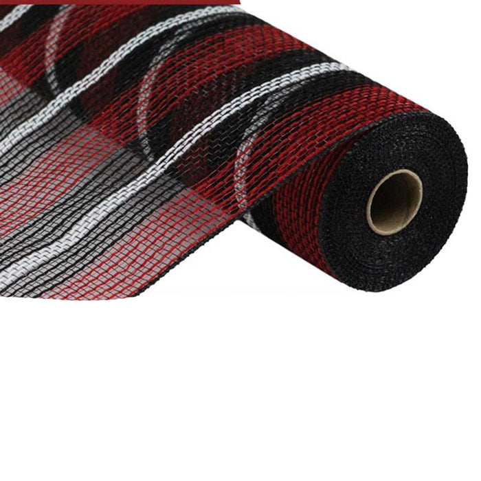The 10.5 Red Black White Faux Jute Stripe Mesh RY8327H9 features durable polypropylene construction with alternating stripes, shown partially unrolled against a white background.