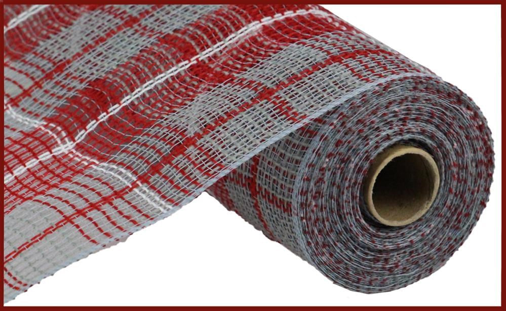 The 10.25X10Yd Faux Jute/Large Plaid Mesh in Grey/Red/White (RY8331N4) is a textured, slightly translucent mesh fabric roll with a red and white checkered pattern, tightly wrapped around a cardboard tube.