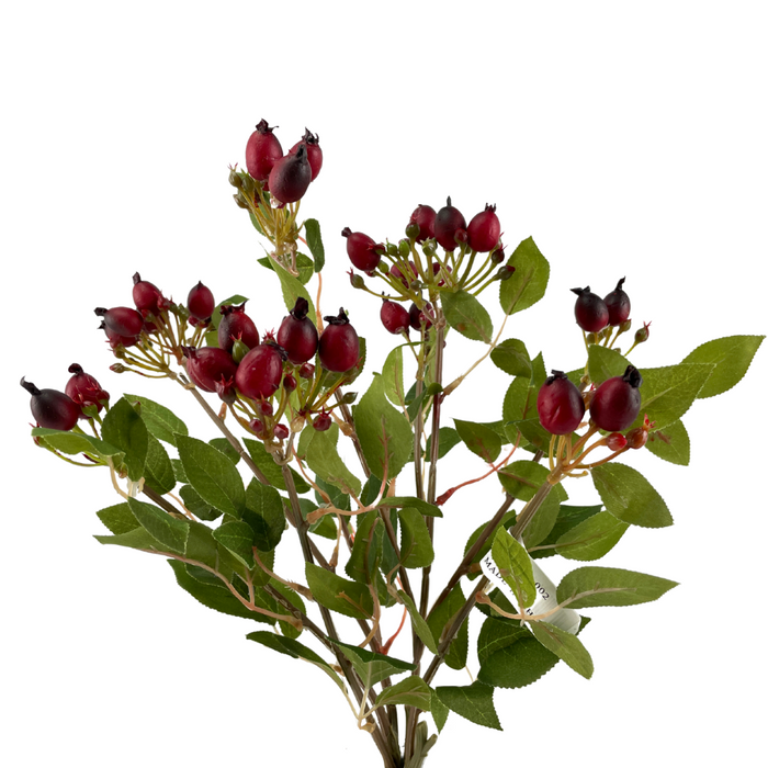 The 17 Rose Hips Bush (SB55661-002) features clusters of dark red rose hips and green leaves, perfect as an artificial floral accent.