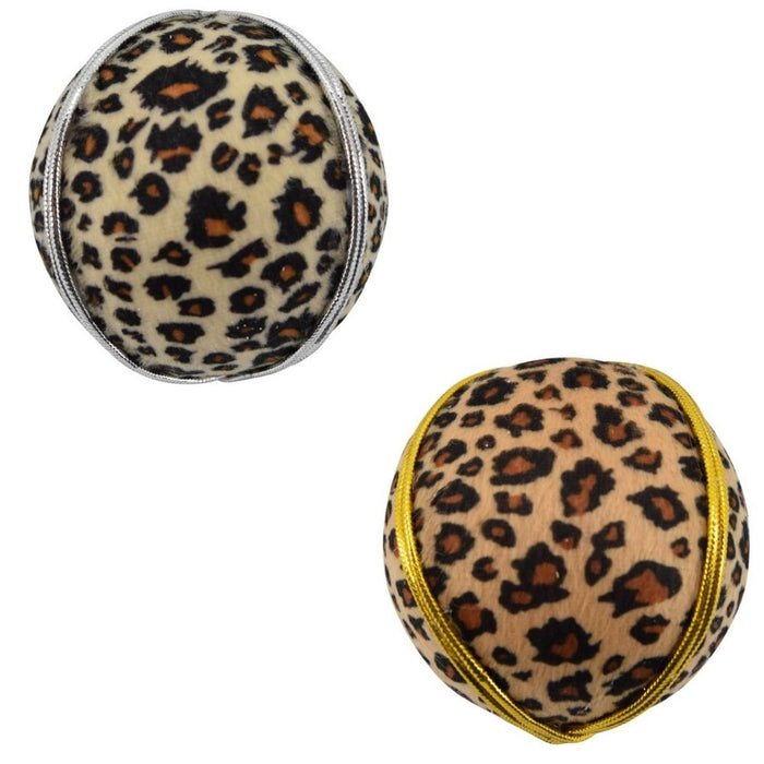 Two 4 Animal Print Ball Ornaments (XO2555) with leopard patterns are shown on a white background—one with gold trim, the other with silver trim.