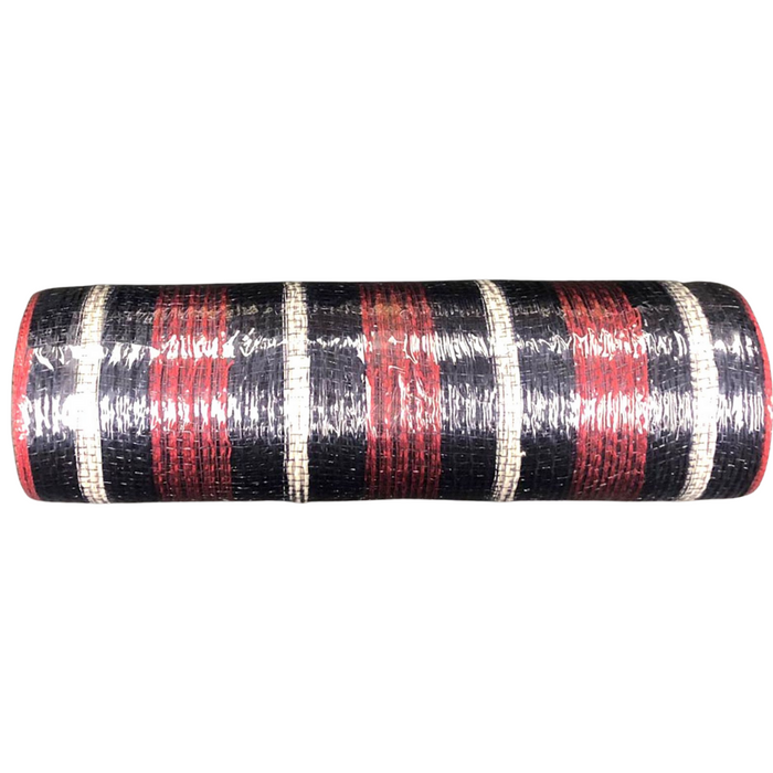 The 10 Navy Red White Bold Stripe Mesh XB102410-27 features a cylindrical roll with a bold stripe pattern in navy, red, and white. Its textured, shiny surface indicates its made from woven polypropylene or similar synthetic material.