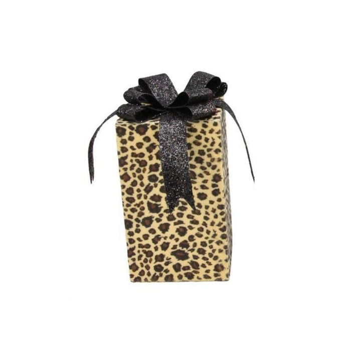 A 2 Asst 8H Leopard Print Square Package in gold, black, brown, and tan (XC8336M4), featuring a large black glittery bow made from plastic/fabric, displayed against a plain white background.