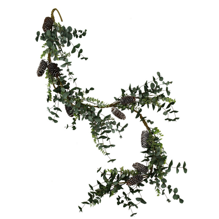 The 54" Eucalyptus with Pinecone Garland XG2622-063 features brown pinecones on a flexible branch, beautifully displayed against a white background.