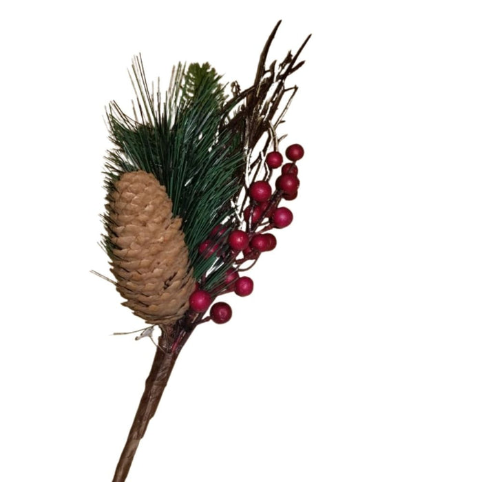 The 14 Pine Berry Cone Pick XP6121-184 features a pinecone, green pine needles, red berries, and brown twigs set against a white background.