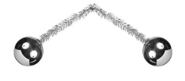 A bag of 12 metallic 6" pencil ties, each with two shiny 50mm silver spheres, are joined at an upward angle—ideal for decorative displays against a white background. Product: Bag of 12 - 6" pencil metallic tie with 50 MM ball XX086526.