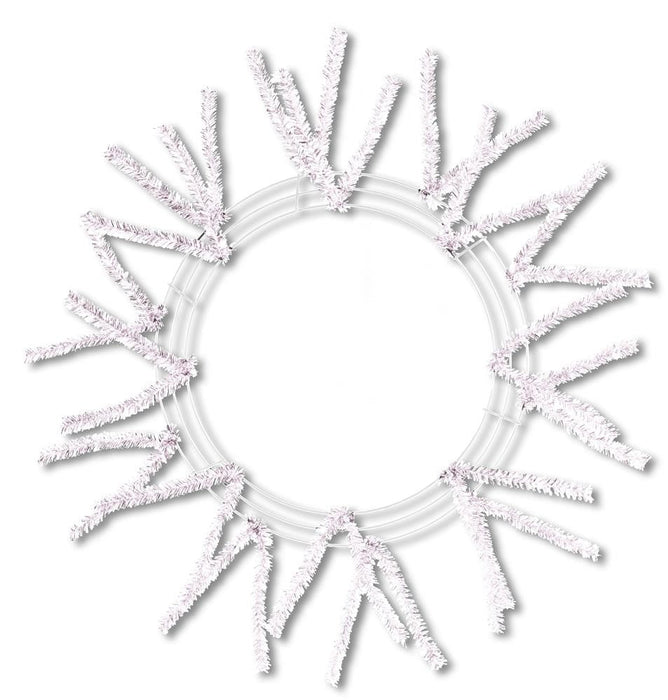 The Pencil Work Wreath 24 Iridescent White XX751150 features even white artificial pine branches on a round frame, forming a pencil work wreath with an open center, all in bright iridescent white.