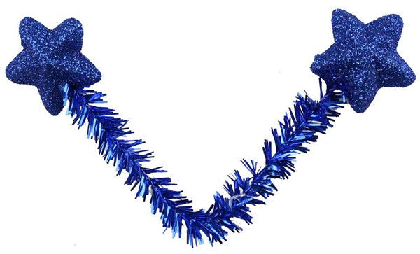 Twelve 6 blue star pencil ties (XX761625) form a vivid V shape against a white background, featuring glittery stars connected by shiny tinsel garland.