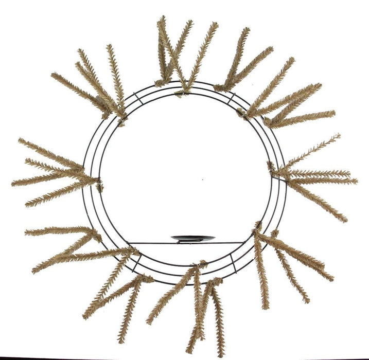 The 24 Burlap Pencil Wreath with Candle Holder XX7821W4 features a sunburst-like metal frame with evenly spaced beige, spike-like decorations. A small horizontal piece at the bottom balances the burlap theme, all set against a plain white background.