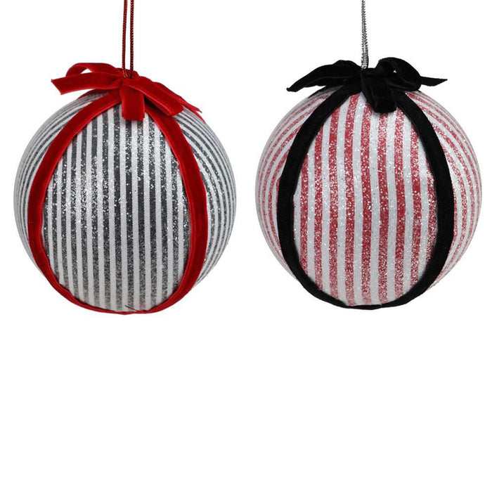 4" Black White Red Striped Fabric Ball Christmas Ornament Set of 2 XY9033