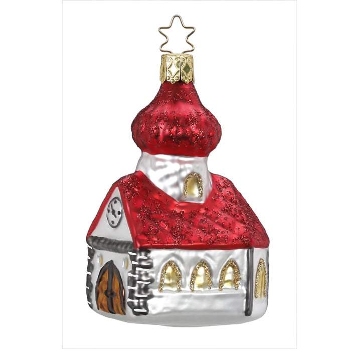 The Christian Faith Church Ornament Inge-Glas 1-070-16 is a handmade glass church with a red glittery roof, gold accents, arched windows, and a star-shaped loop—an elegant Christian Christmas tree ornament.