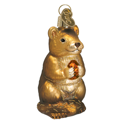The Chipmunk Christmas 12145 Old World Christmas Ornament features a golden bear with an amber gem, reminiscent of a holiday heirloom. It stands upright with detailed features, shiny metallic finish, and has a loop for hanging as part of your festive décor.