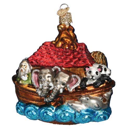 The Noah's Ark 12395 Ornament by Old World Christmas features a red roof, pairs of animals like elephants and pandas, blue waves at the base, and a hanging loop. This hand-painted glass ornament adds festive charm to your holiday decor.