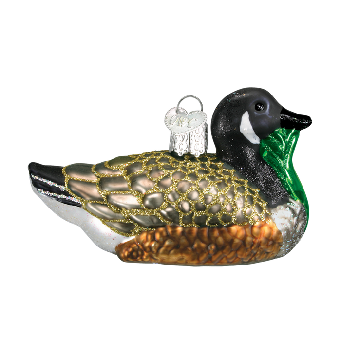 The Canada Goose Old World Christmas Ornament 16065 is a hand-painted glass ornament shaped like a goose in green, brown, black, and white, with a metallic gold hanging loop—perfect for classic holiday charm.