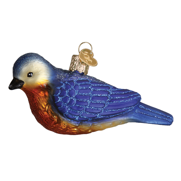 The Western Bluebird 16112 Old World Christmas Ornament is a vibrant, hand-painted, mouth-blown glass piece with blue wings and head, orange-red breast, gold cap, and detailed coloring—perfect for festive décor.