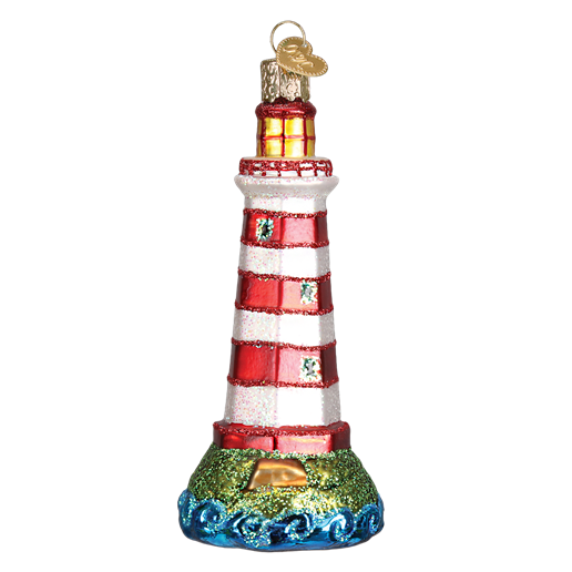 The Sambro Lighthouse 20079 Old World Christmas Ornament is a glass decoration featuring red and white stripes, gold windows, and a glittery base of blue waves and green grass, inspired by the iconic Nova Scotia lighthouse.