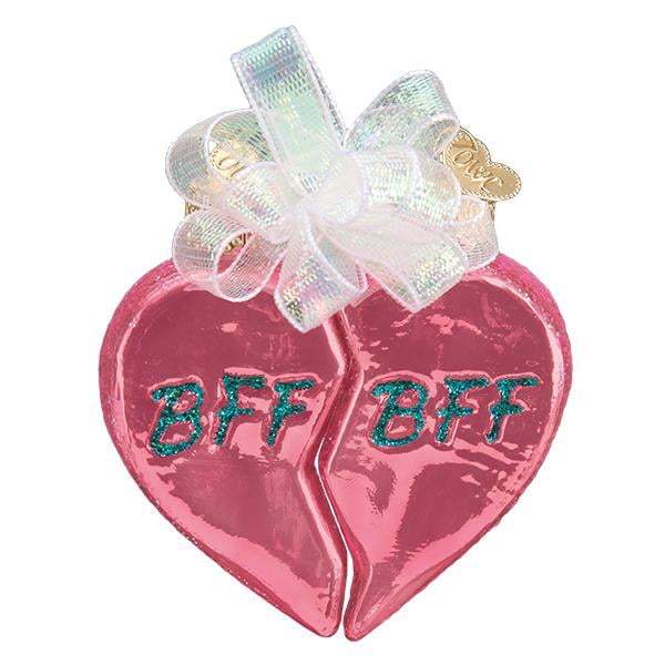 A sparkling pink glass heart ornament, hand-painted and split in two with “BFF” in green letters and a white iridescent bow—the BFF Hearts 30054 Old World Christmas Ornament.