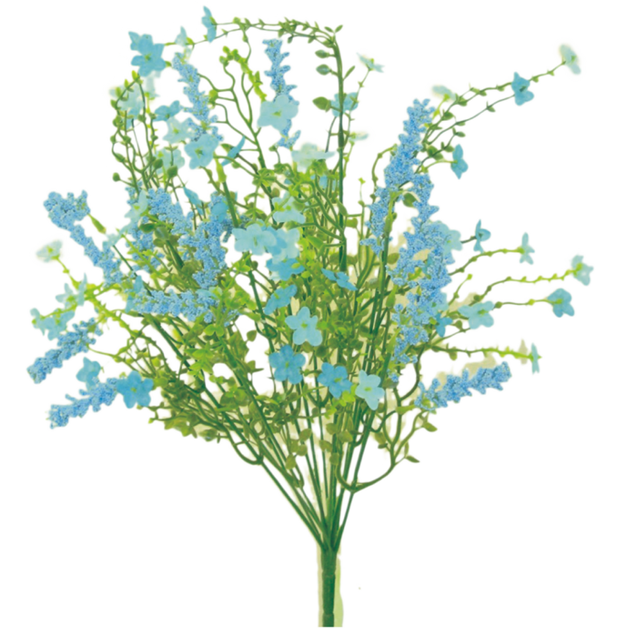 The Blue Babys Breath Filler Bush (30356BL) features delicate, small blue flowers and light green stems with leaves, complemented by sprigs of Babys Breath, arranged in an airy cluster against a white background.
