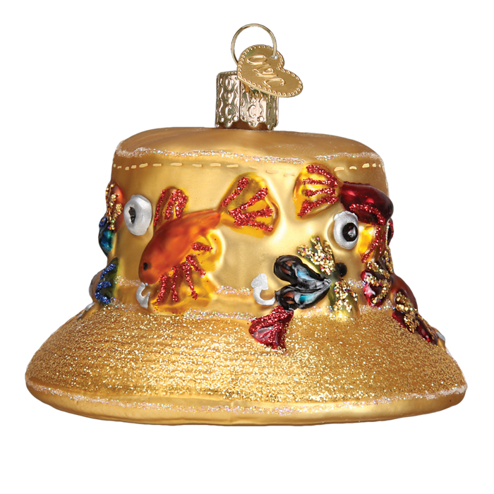 Introducing the Fisherman's Hat 32250 Old World Christmas Ornament, a beautifully crafted ornament mouth-blown from glass. This decorative piece is adorned with colorful fish designs in vibrant shades of orange, red, blue, and green. It features a shiny, glittery texture and comes complete with a gold hanger loop on top. A truly unique addition to any Christmas collection.