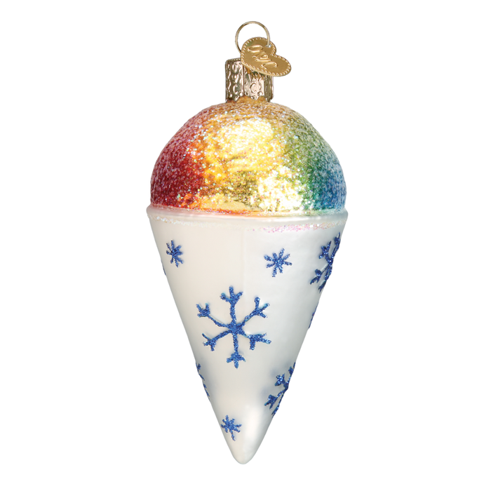The Snow Cone 32254 Old World Christmas Ornament by Old World Christmas features a hand-painted glass design with a glittery rainbow top, white cone, blue snowflakes, and hangs beautifully by a gold loop.