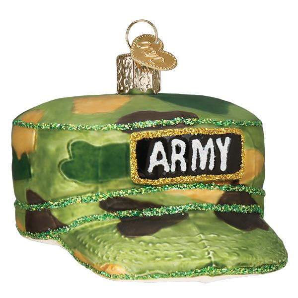 The Army Cap 32376 Old World Christmas Ornament features a camouflage pattern, bold ARMY patch, green and gold glitter accents, and a gold hanging loop—perfect for adding military style to your tree.