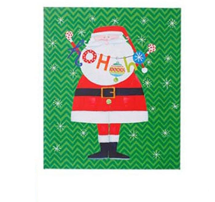 A festive RAZ 14 Lighted Print Santa features Santa holding a colorful Ho Ho Ho banner on a green chevron background with white snowflakes—perfect for cheerful holiday decor.