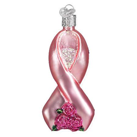 The Pink Ribbon Old World Christmas Ornament 36164 features a shiny pink ribbon with a cluster of pink roses, symbolizing breast cancer awareness, and includes a silver cap for easy hanging.