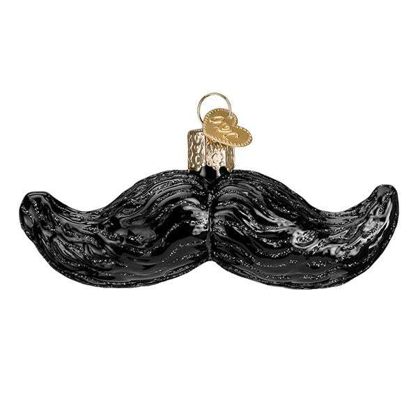 The Mustache Old World Christmas Ornament is a shiny black, hand-painted glass ornament with textured detailing, a gold cap, and hanging loop—perfect for adding charm to your holiday décor.