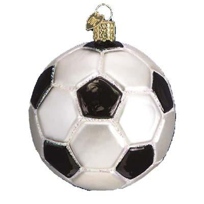 The Soccer Ball 44012 Old World Christmas Ornament is a classic black and white glass ornament with a metallic gold hanging cap.
