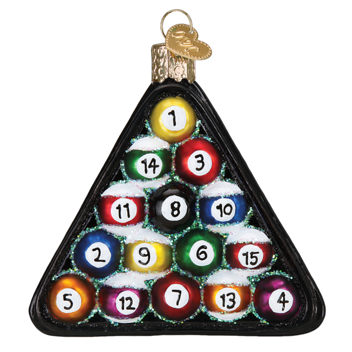 The Billiard Balls Old World Christmas Ornament 44069 is a hand-painted glass ornament featuring a triangle of colorful, glitter-accented billiard balls with a gold hanging cap.