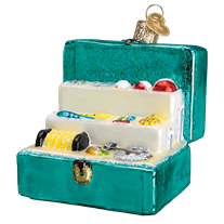The Tackle Box Old World Christmas Ornament 44123 is shaped like an open teal jewelry box with colorful jewelry inside, a gold clasp, and ornament hook on top—ideal for any Old World Christmas collection.