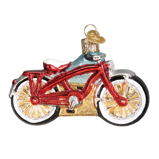 The Cruiser Bike 46063 Old World Christmas Ornament is a vintage-style red cruiser bike with sparkling details, a white seat, and gold accents. It features a loop on top for easy hanging.