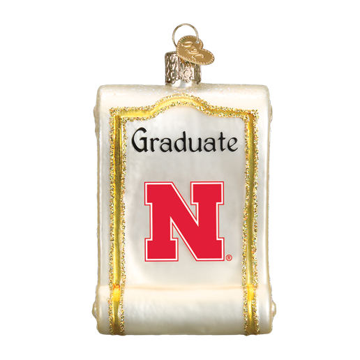 The Nebraska Diploma 60912 Old World Christmas Ornament is a hand-painted glass diploma scroll with gold trim, featuring Graduate and a large red N—perfect for celebrating any Nebraska graduate this holiday season.