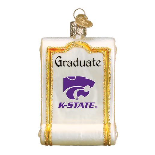 Introducing the Kansas State Diploma 61812 Old World Christmas Ornament, a beautifully hand-painted glass piece shaped like a scroll. It features the word "Graduate" alongside the university's logo, complete with a purple wildcat head and K-STATE text. This ornament is perfect for adding elegance to your Christmas collection.