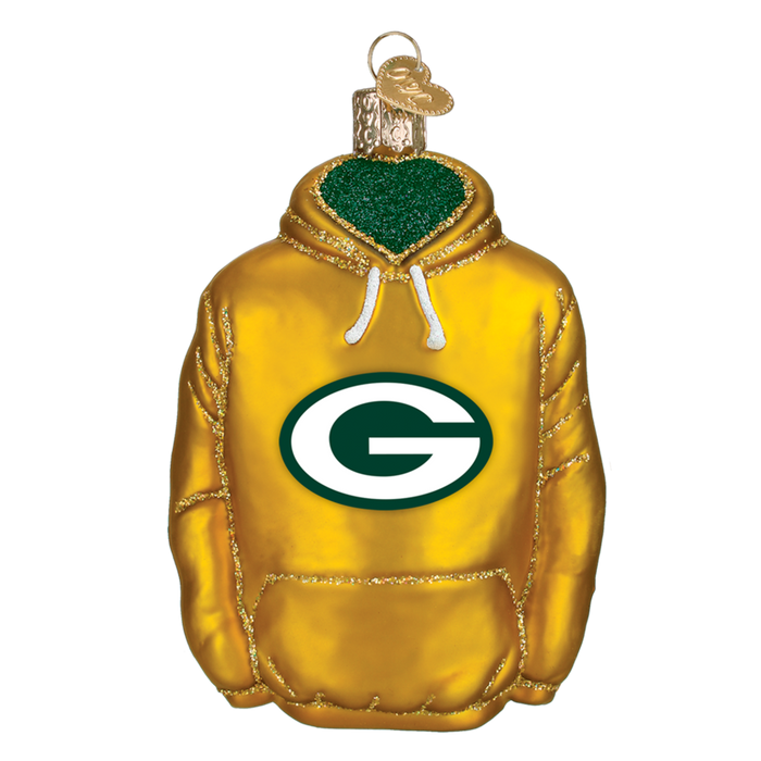 The Green Bay Packers Hoodie 71203 Old World Christmas Ornament features a glittery hoodie design with a bold G logo, perfect for fans to celebrate team spirit with festive elegance.