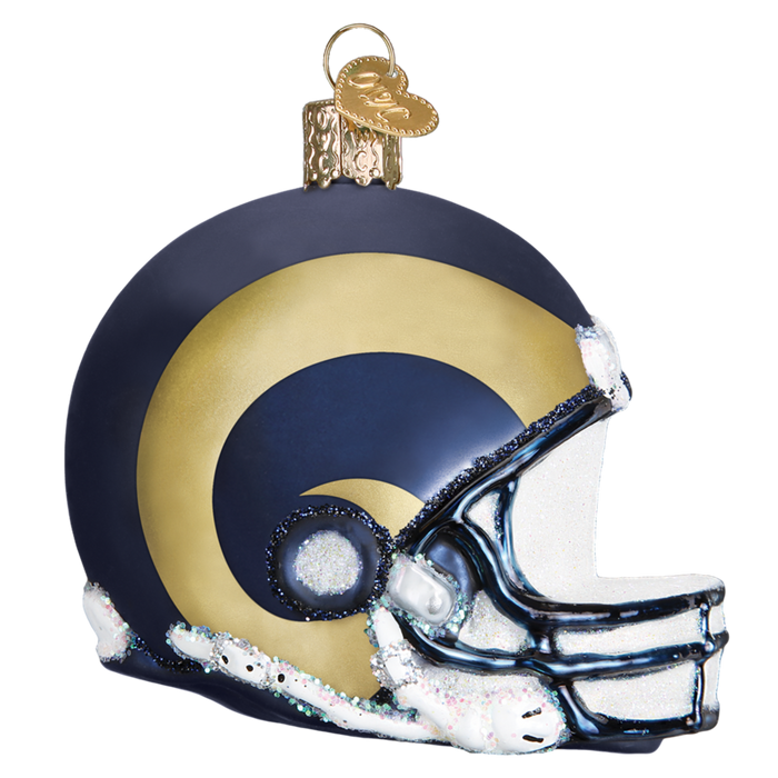 Add a sporty flair to your festive decor with the Los Angeles Rams Helmet 71717 Old World Christmas Ornament. This decorative piece is shaped like a football helmet and features a hand-painted blue and gold design adorned with a spiral pattern reminiscent of the team's iconic style. Complete with a gold cap, it's perfect for hanging on your holiday tree.