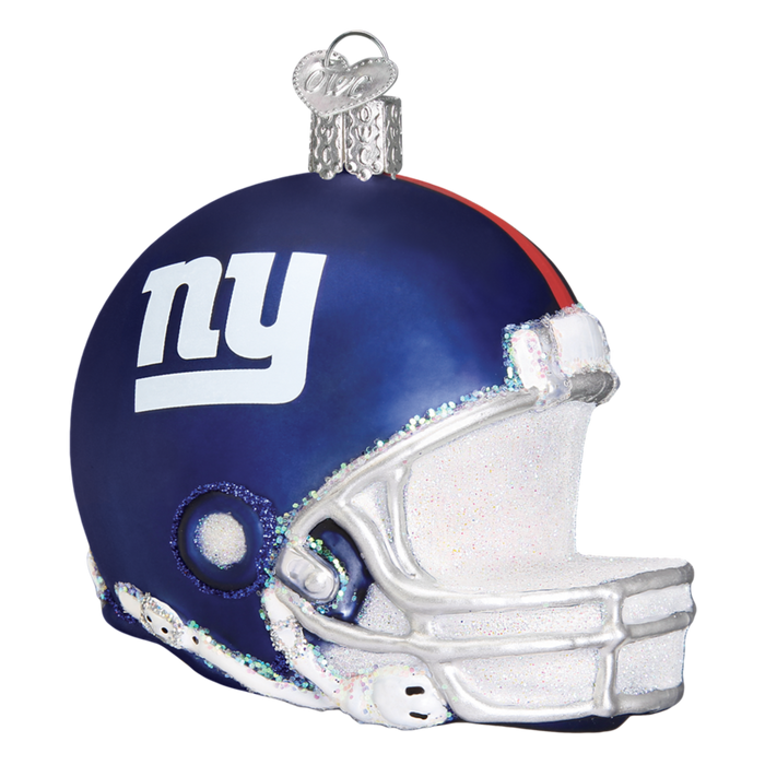 The New York Giants Helmet 72217 Old World Christmas Ornament is a hand-painted glass ornament featuring a blue football helmet with a white facemask and the NY logo, perfect for fans of the New York Giants.