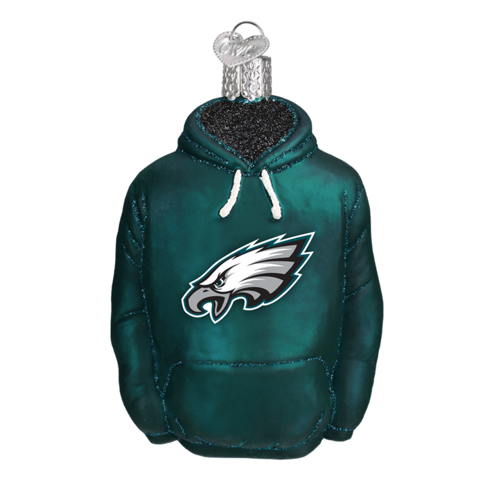 The Philadelphia Eagles Hoodie 72503 Old World Christmas Ornament is a green hoodie-shaped ornament with the team logo, white drawstrings, and a silver hanging loop—ideal for Eagles fans and Old World Christmas collectors.