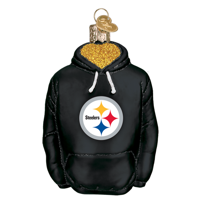 Show your team pride with the Pittsburgh Steelers Hoodie 72603 Old World Christmas Ornament—featuring the iconic logo, gold glitter accent, and white drawstrings. A must-have for any fan’s holiday tree!.