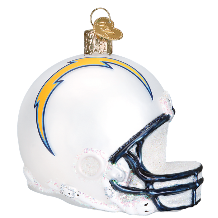 The Chargers Helmet 72717 Old World Christmas Ornament is a hand-painted glass piece featuring a white helmet with yellow and blue lightning bolt, black faceguard, and gold hanging loop.
