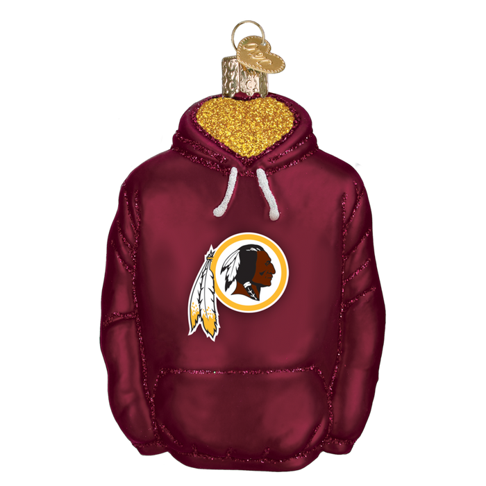 The Washington Hoodie 73203 Old World Christmas Ornament is a hand-painted maroon glass ornament featuring a gold glittery hood, Native American profile logo, and a metallic hanging loop.