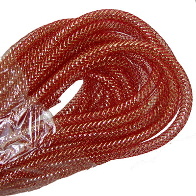 A coiled, shiny Deco Flex Tubing Burgundy with 18K Gold Metallic Foil featuring a braided pattern and textured surface, partially wrapped in clear plastic on one end, set against a plain white background.